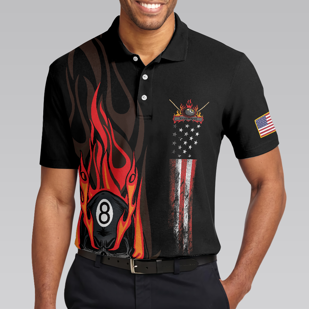 Flame Skull Billiards Pool Men Polo Shirt, American Flag Billiards Polo Shirt, Gift For Pool Players, Billiards Lovers