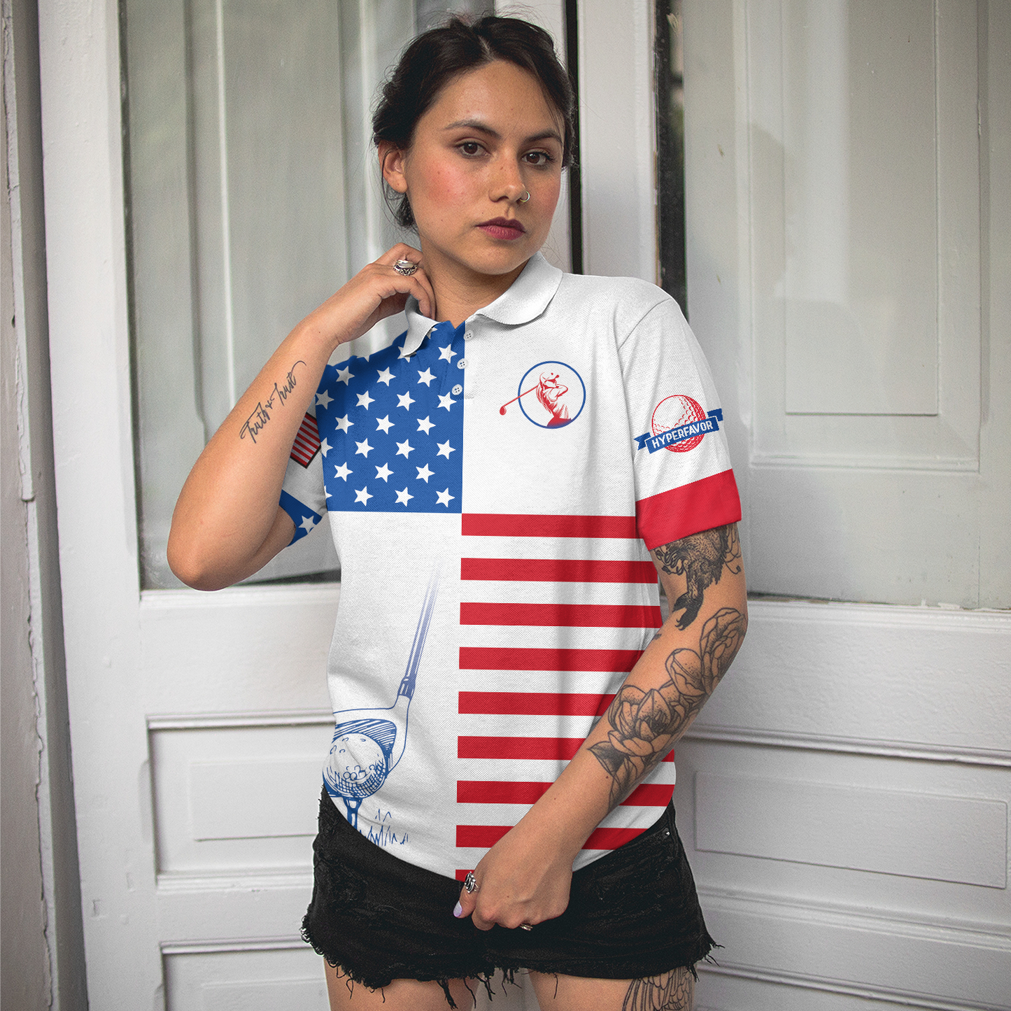 American Flag Golf Short Sleeve Women Polo Shirt, Patriotic Golf Shirt For Ladies, Unique Golf Gift For Girls, Gift For Golfers