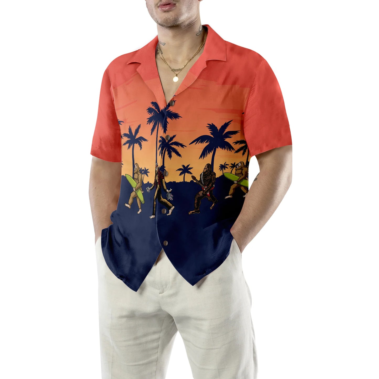 Bigfoot Needs A Vacation Bigfoot Hawaiian Shirt, Vintage Dawn Palette Tropical Bigfoot Surfer Shirt, Bigfoot Sunset Summer Tropical Aloha Shirt For Men, Perfect Gift For Summer Lovers, Friends, Husband, Boyfriend, Family, Bigfoot Lovers