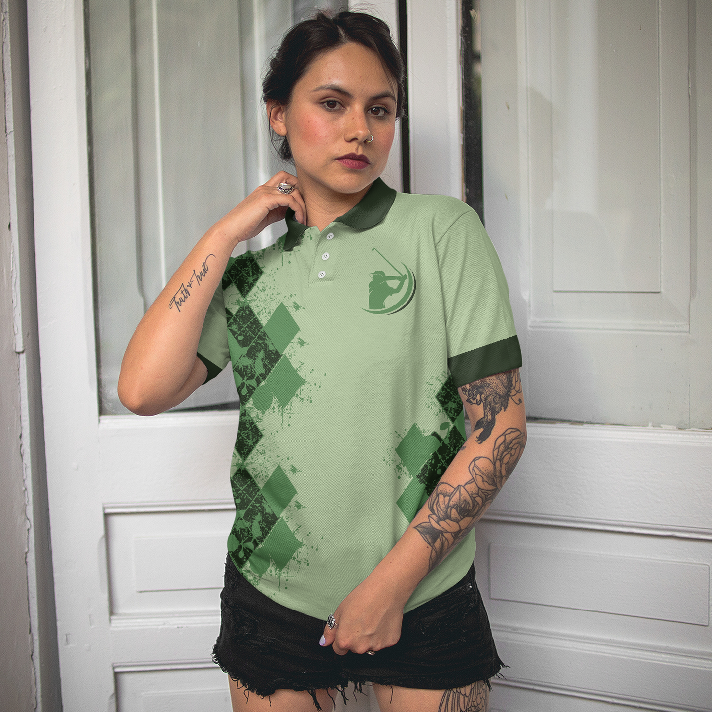 Golf I Know I Play Like A Girl Green Short Sleeve Women Polo Shirt, Argyle Pattern Golf Shirt For Ladies, Unique Female Golf Gift