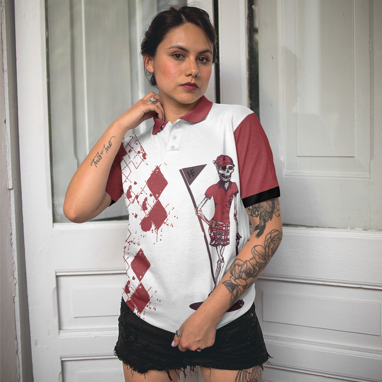 Golf And Wine Skeleton Argyle Pattern Short Sleeve Women Polo Shirt, Let's Golf Nine And Drink Wine Polo Shirt For Ladies