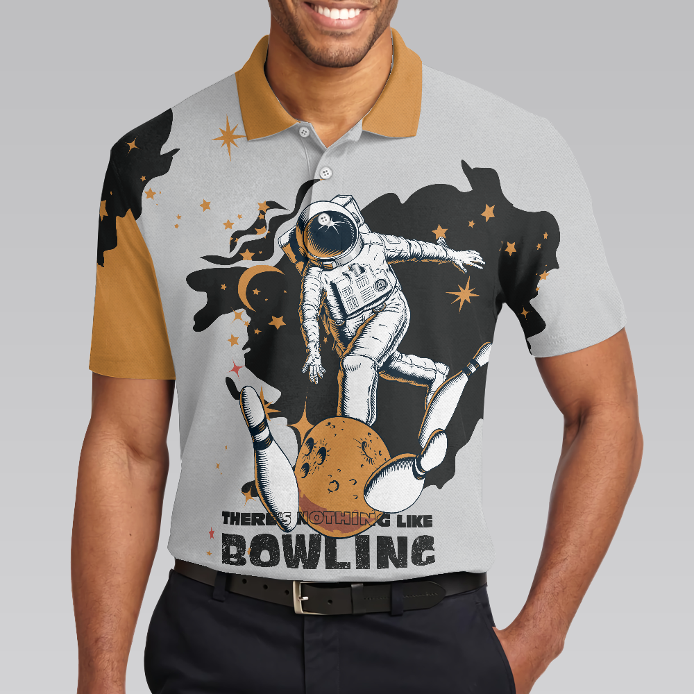 Men Polo Shirt - Bowling Astronaut in Space Short Sleeve Polo Shirt, White and Gold Bowling Shirt For Men - Best Polo Shirt For Men