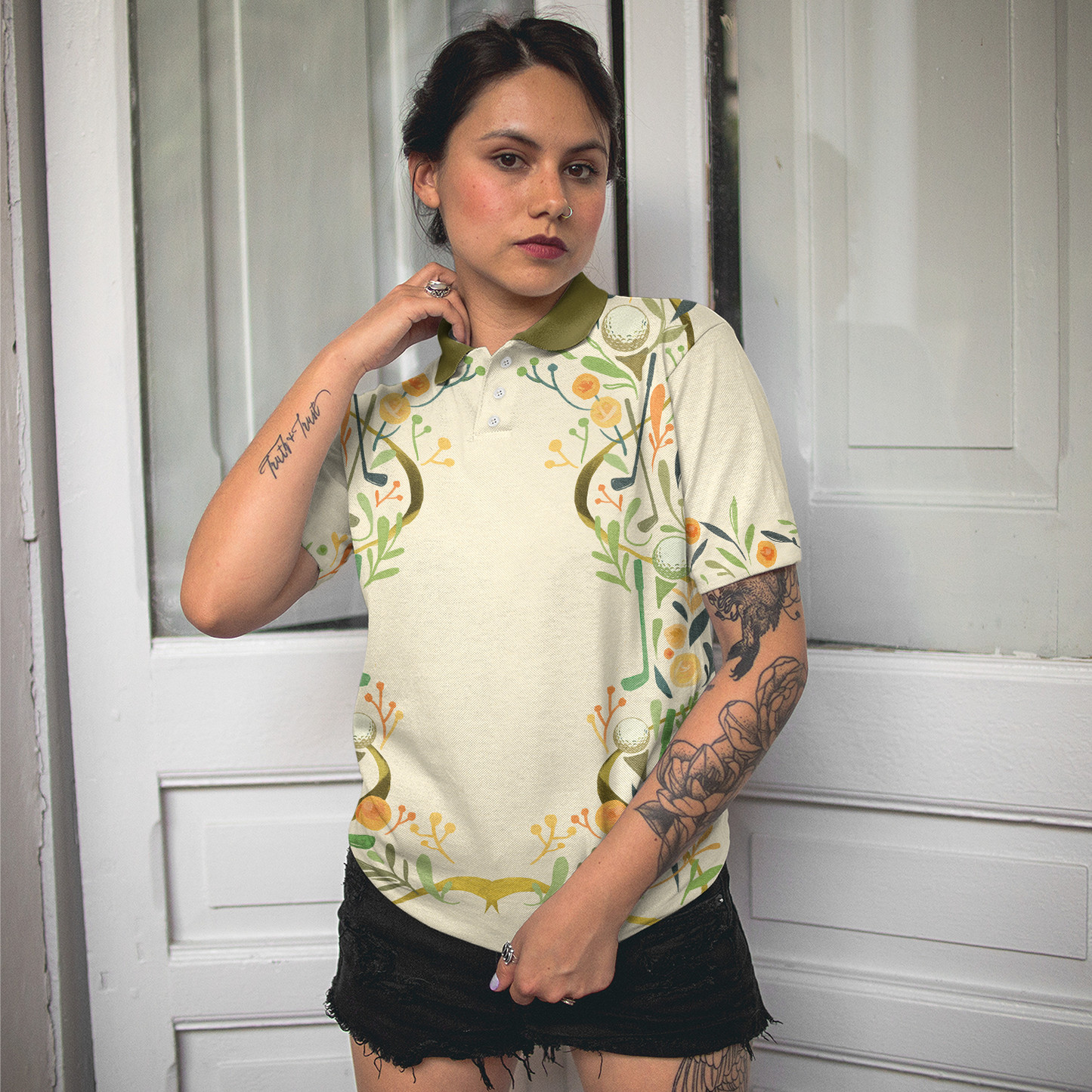 Golf Motif Cream Short Sleeve Women Polo Shirt, Gift Idea For Female Golfers