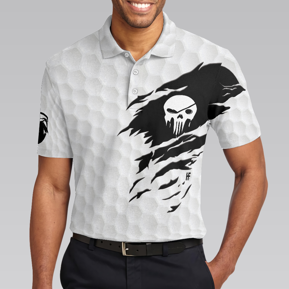 The Golf Skull Short Sleeve Golf Polo Shirt, Black And White Golf Pattern Ripped Skull Polo Shirt, Best Golf Shirt - Perfect Gift For Men