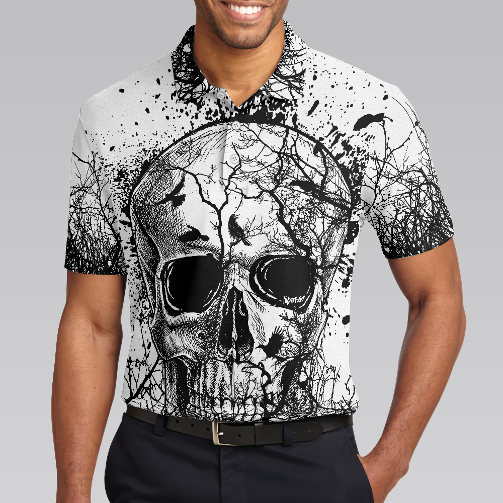 Skull Crow Black And White Short Sleeve Polo Shirt, Dark Forest Skull Crow Shirt For Men, Best Polo Shirt For Halloween - Perfect Gift For Men