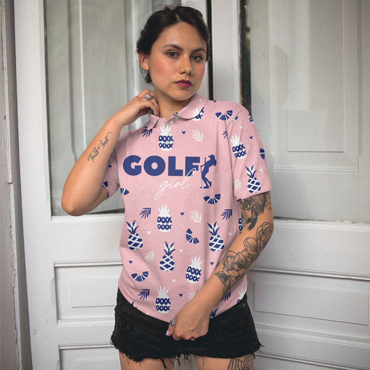 Golf Girl Summer Pattern Short Sleeve Women Polo Shirt, Pink Golf Shirt For Ladies, Unique Female Golf Gift