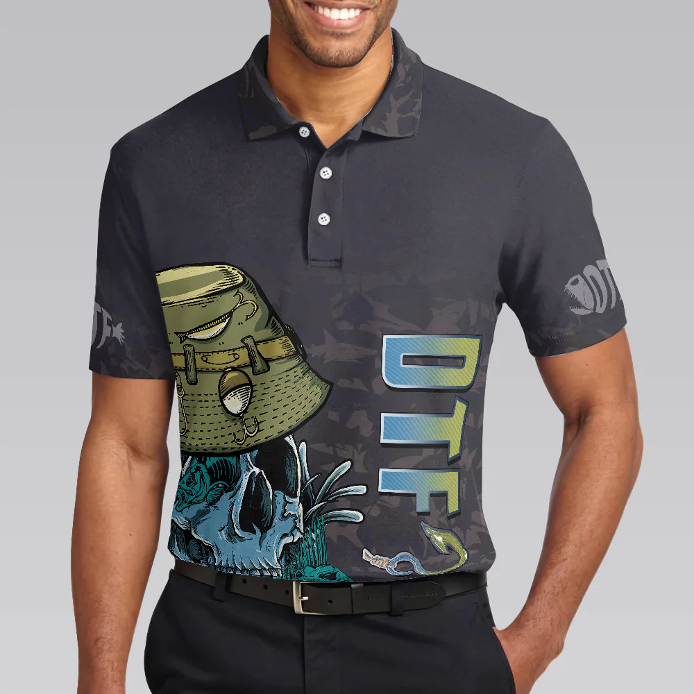 Black Skull Fishing Men Polo Shirt, I'm Always DTF Down To Fish Fishing Polo Shirt, Best Fishing Shirt For Men