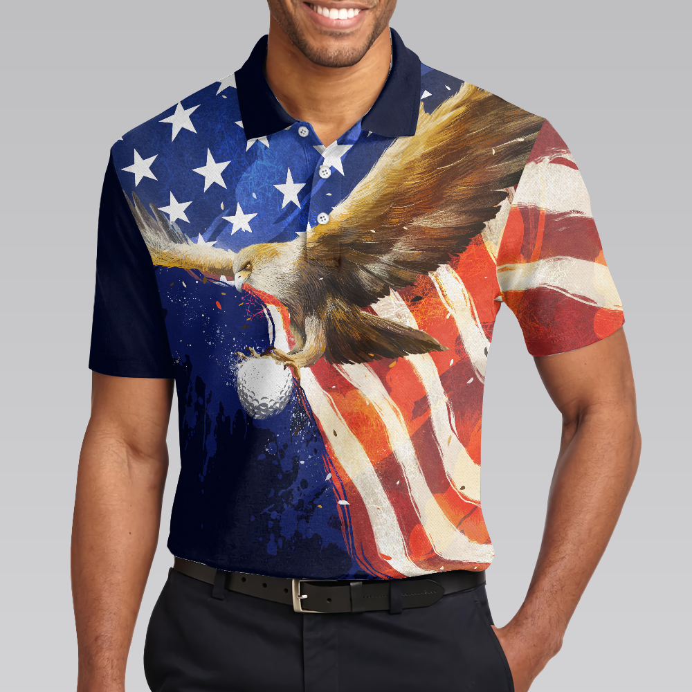 Eagle Flying Golf with American Flag Polo Shirt for Men, Short Sleeve Men Polo Shirt, Golf Gift For Men