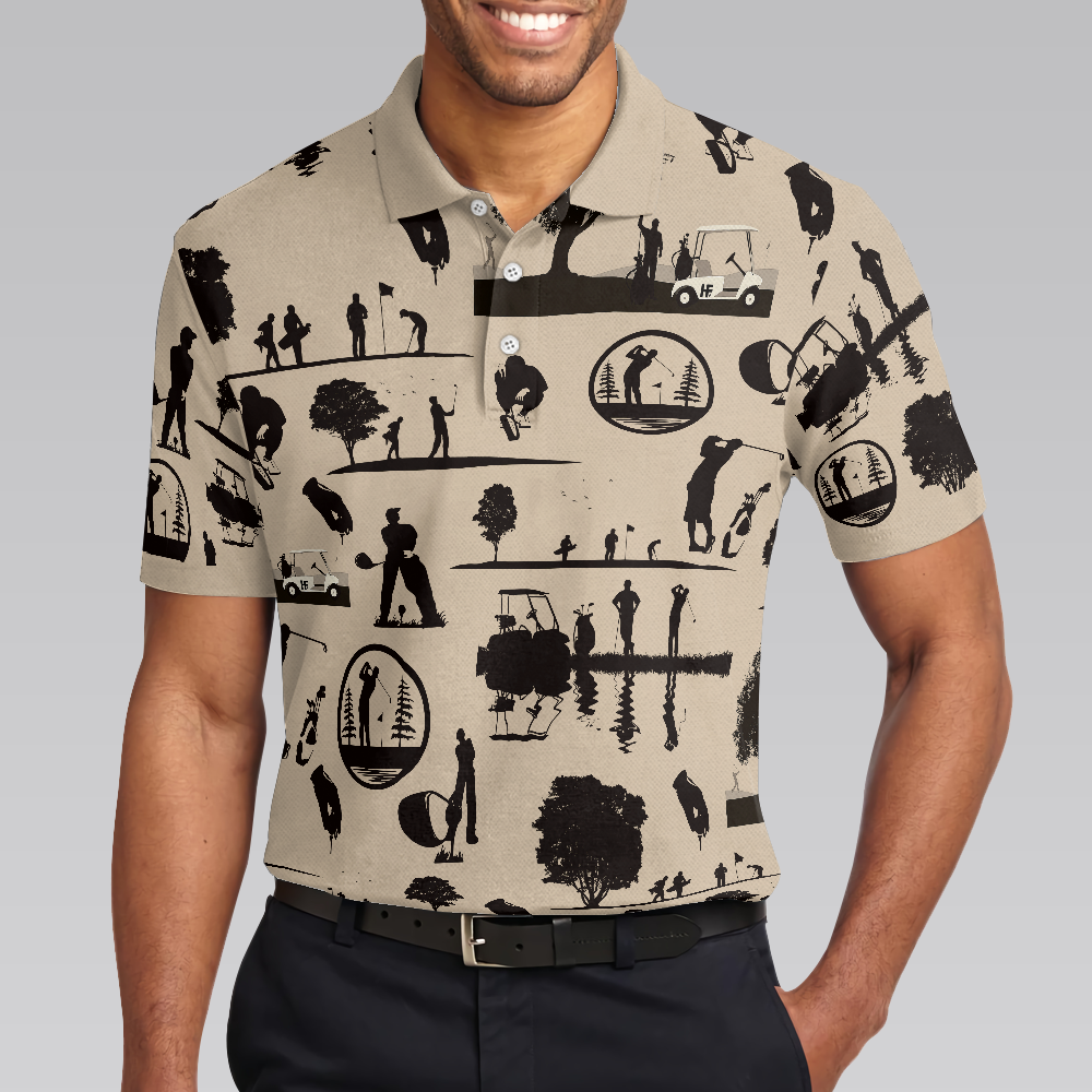 Beige Vintage Silhouette Golfers All Over Print Men Polo Shirt, Cream Polo Shirt, Best Golf Shirt For Men, Golf Gift Idea For Golfers