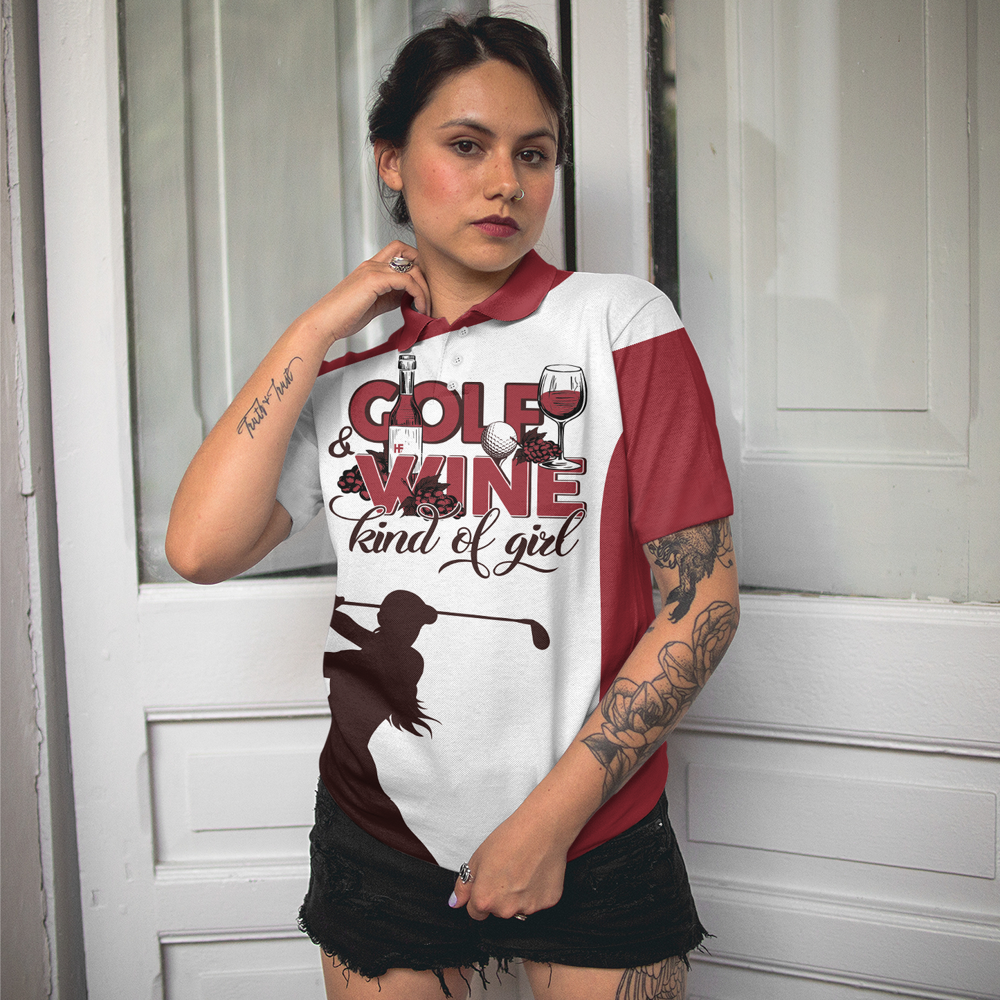 Golf And Wine Kind Of Girl Golf Short Sleeve Women Polo Shirt, White And Red Golf Women Polo Shirt, Golf Shirt For Wine Lovers