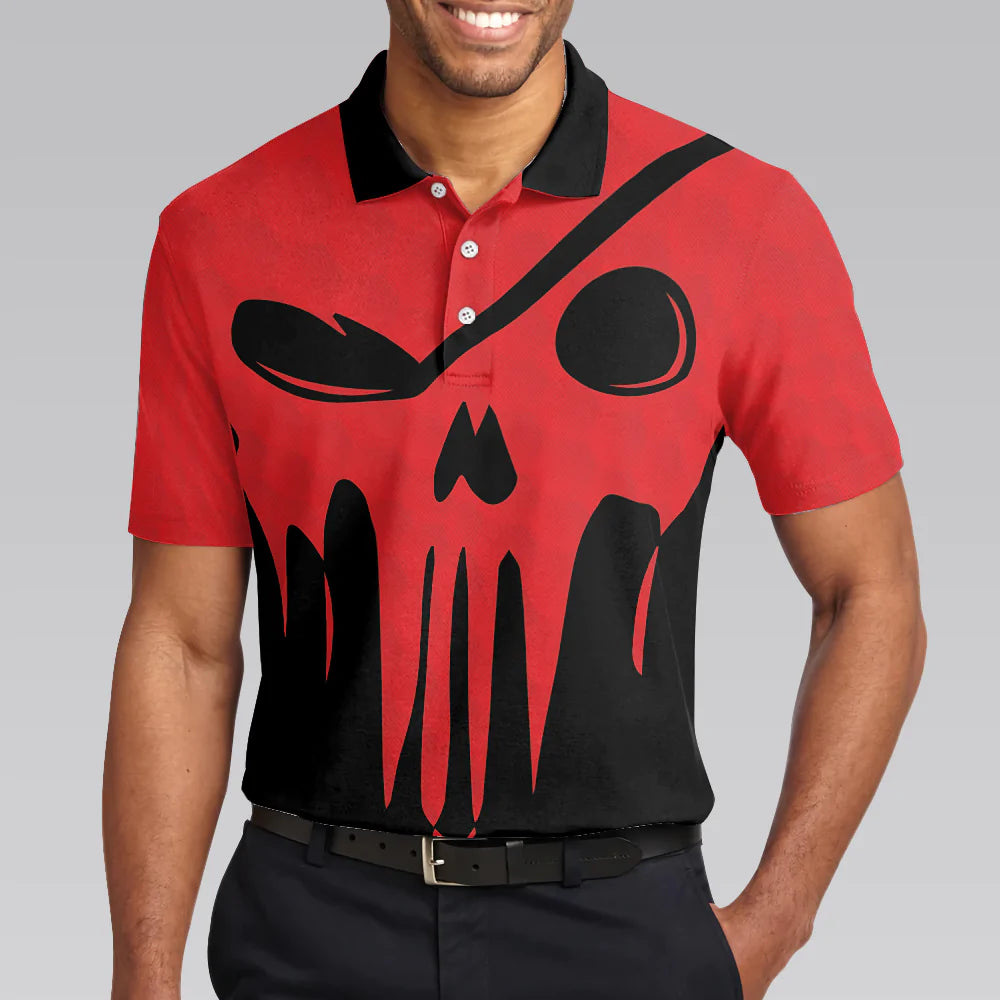 Scary Skull Golf Men Polo Shirt, Less Talk More Golfing Shirt For Men, Black And Red Golfing Shirt Design