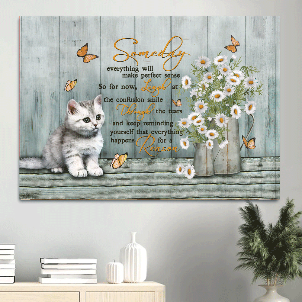 Jesus And Cat Landscape Canvas - White Cat, Pretty Daisy Vase Canvas - Gift For Christian, Cat Lovers - Someday Everything Will Make Perfect Sense