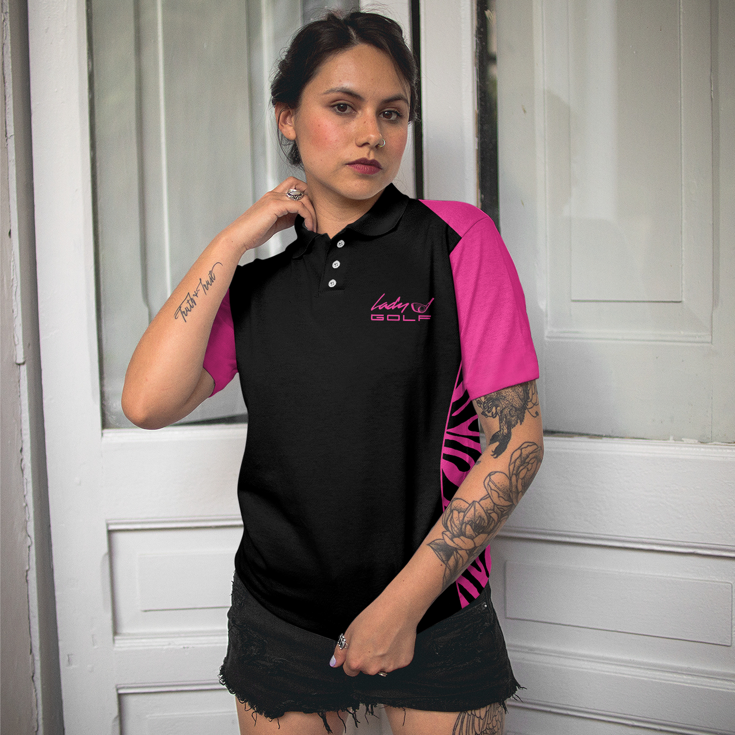 Dark Pink Zebra Pattern Thinning Layout For Lady Golfer Golf Short Sleeve Women Polo Shirt, Best Shirt For Ladies, Goft Gift For Women