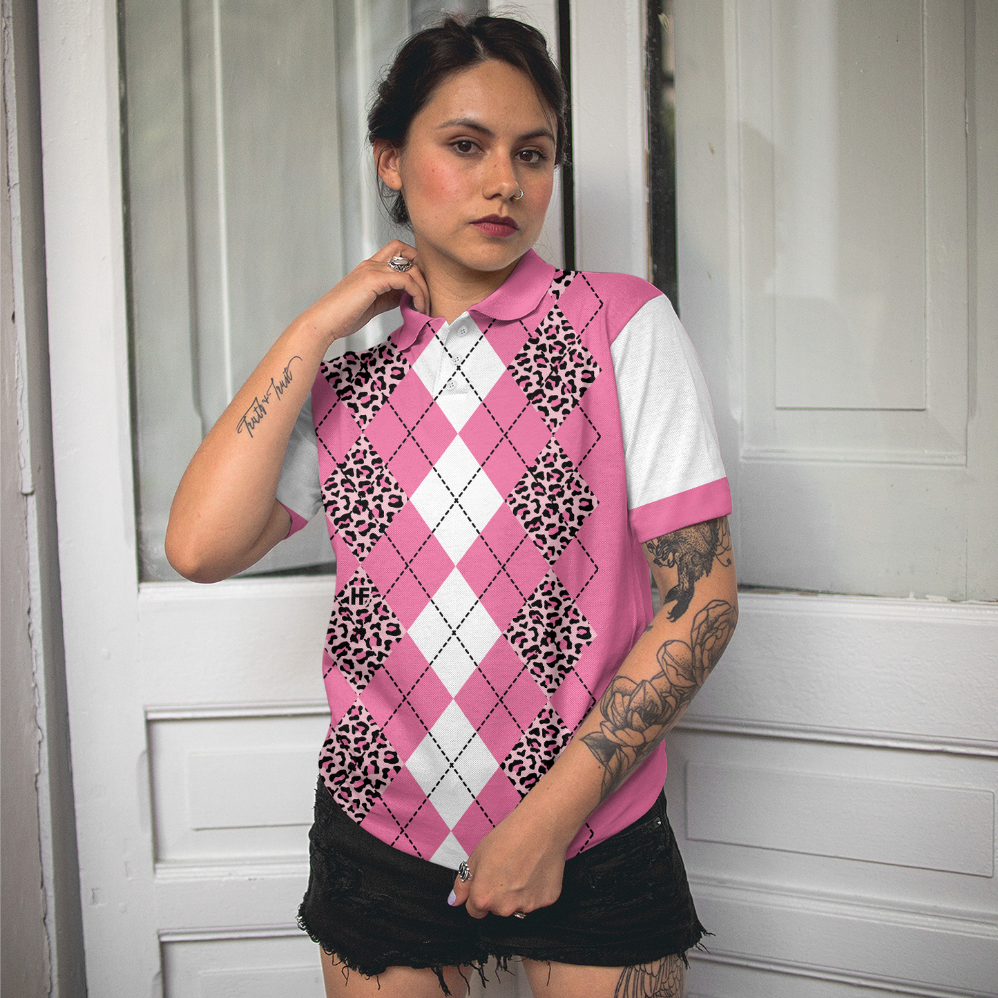 White And Pink Argyle Pattern Golf Women Polo Shirt, Are You Staring At My Putt Again Golf Short Sleeve Shirt For Ladies, Gift For Golfers