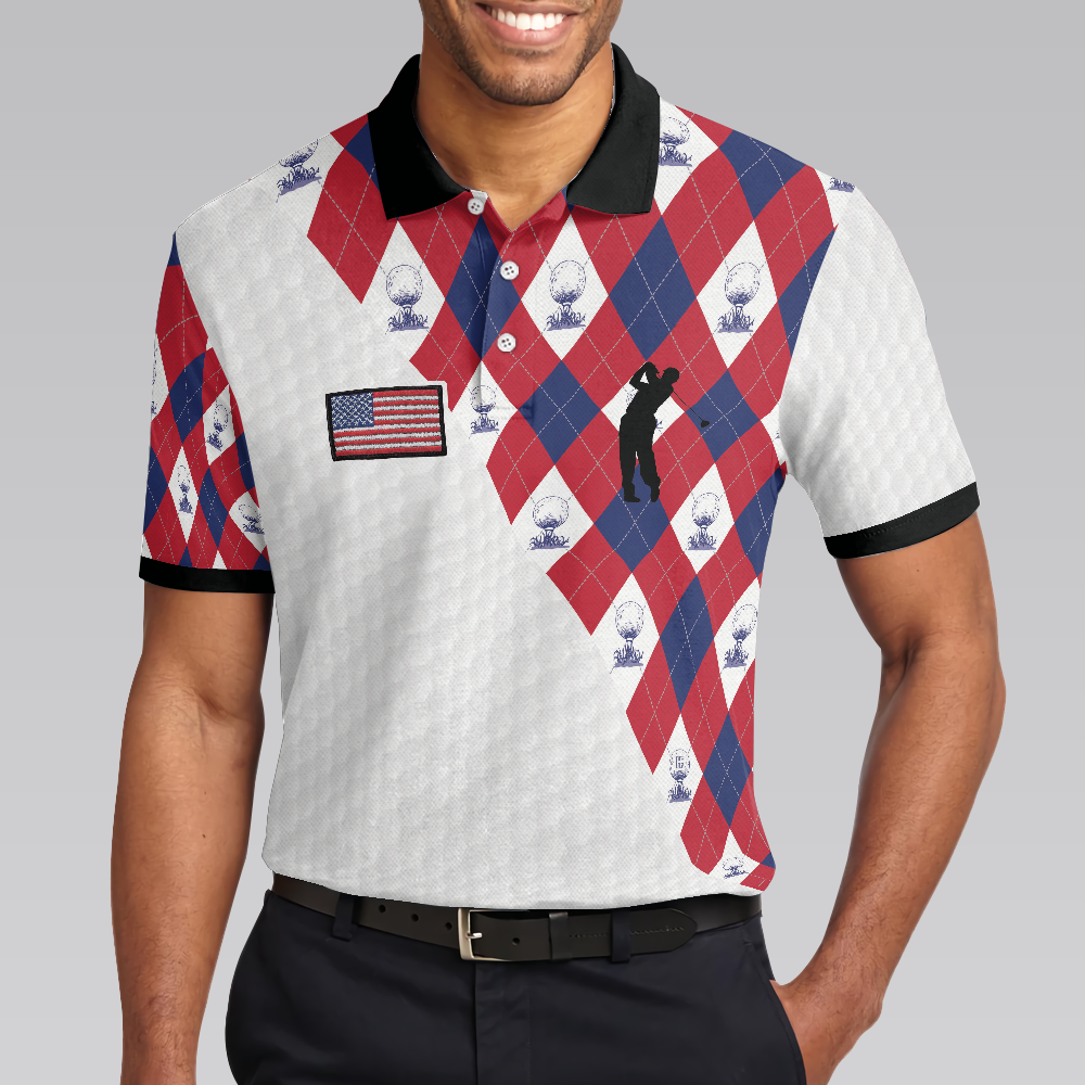 Golf Argyle Pattern Short Sleeve Golf Men Polo Shirt, American Flag Polo Shirt, Patriotic Golf Shirt For Men, Best Gift For Golfers