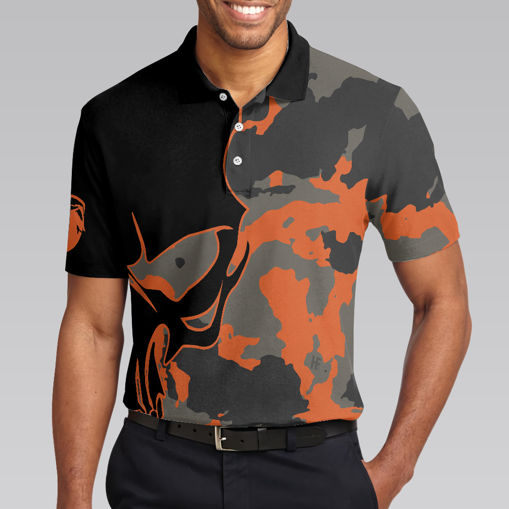Skull Orange Camouflage Golf Polo Shirt, Streetwear Camo Golf Shirt For Men, Best Polo Shirt For Golfers - Perfect Gift For Men