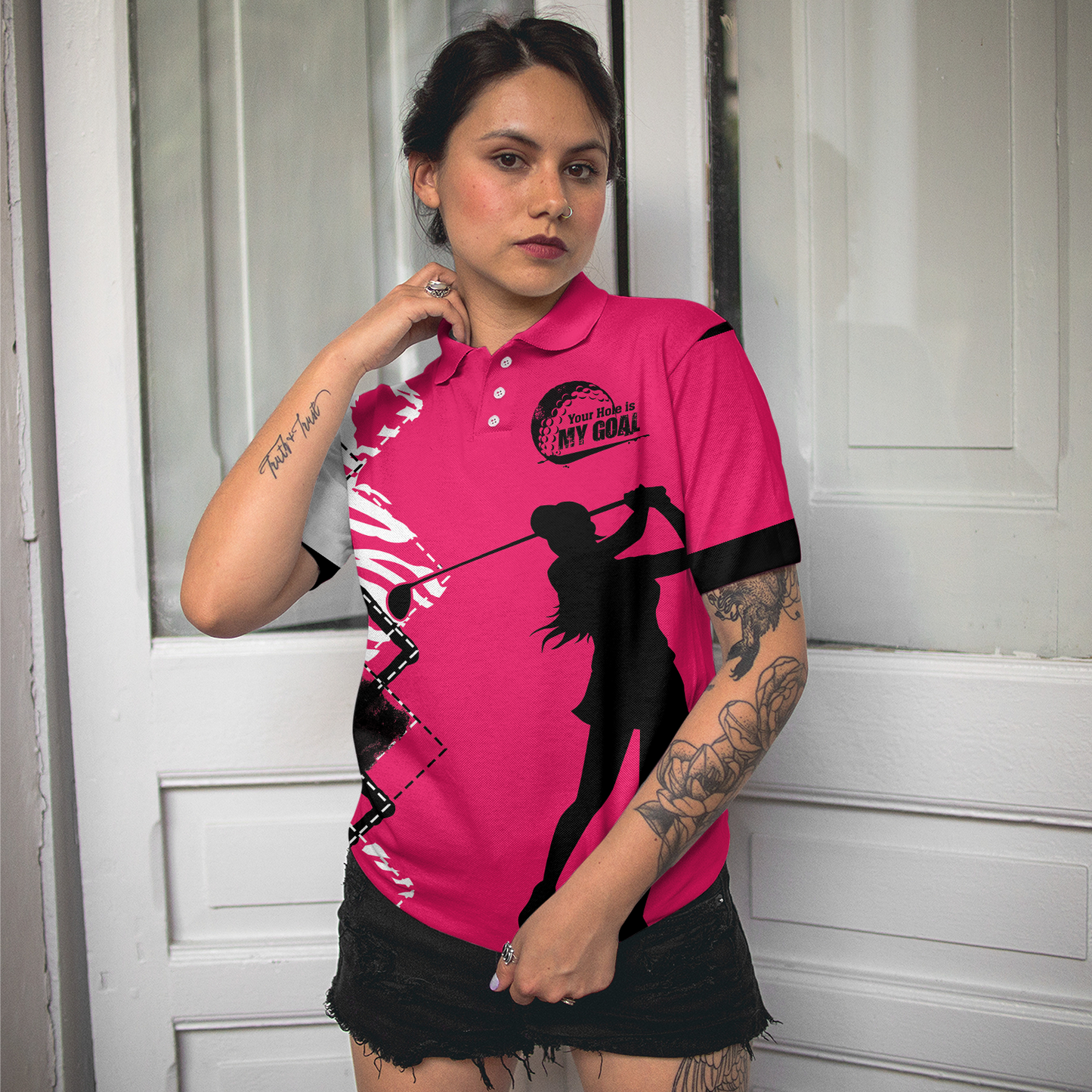 Your Hole Is My Goal Golf Short Sleeve Women Polo Shirt, White And Pink Golf Shirt For Ladies - Perfect Gift For Women