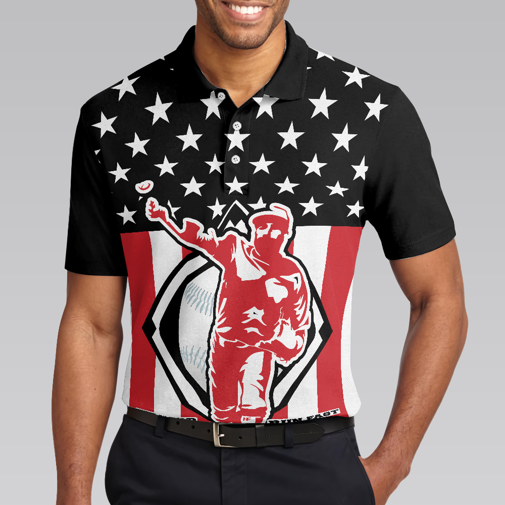 Baseball Hit Hard Run Fast Short Sleeve Men Polo Shirt, Black Theme American Flag Polo Shirt, Best Baseball Shirt For Men, Gift For Baseball Lovers