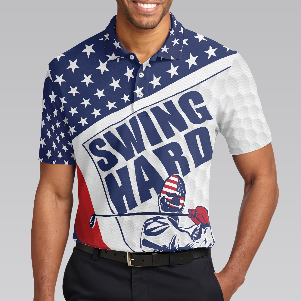 Golf Texture Swing Hard Short Sleeve Golf Men Polo Shirt, American Flag Polo Shirt, Patriotic Golf Shirt For Men, Best Gift For Golfers