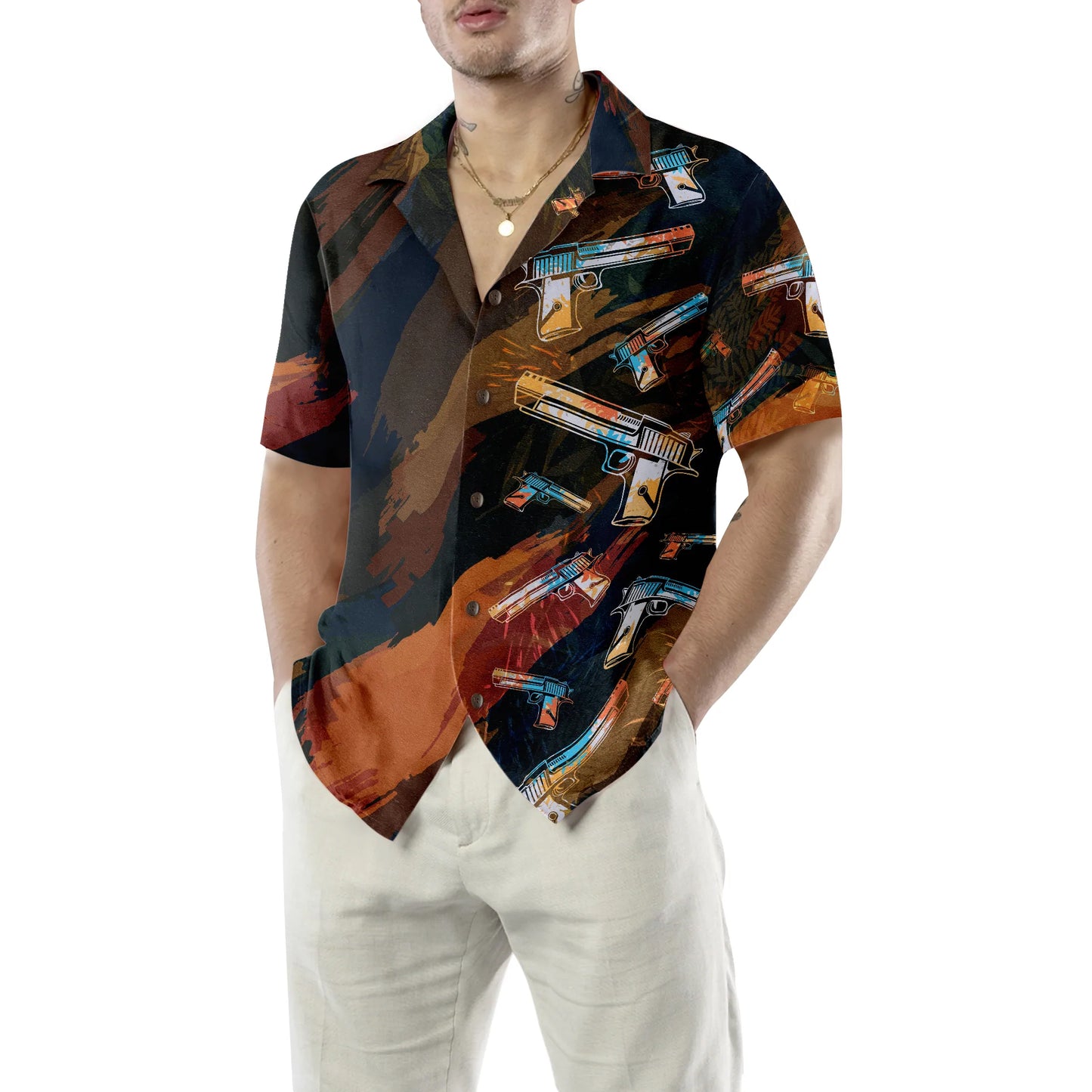 Artistic Tropical Gun Hawaiian Shirt, Colorful Aloha Shirt For Men & Women, Best Gift For Summer, Husband, Wife, Boyfriend, Girlfriend