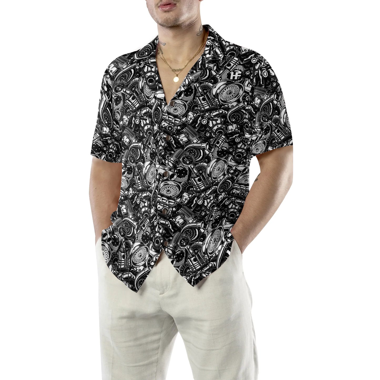 Auto Mechanic Seamless Pattern Hawaiian Shirt, Black Aloha Shirt For Men, Best Gift For Mechanic, Summer, Husband, Boyfriend
