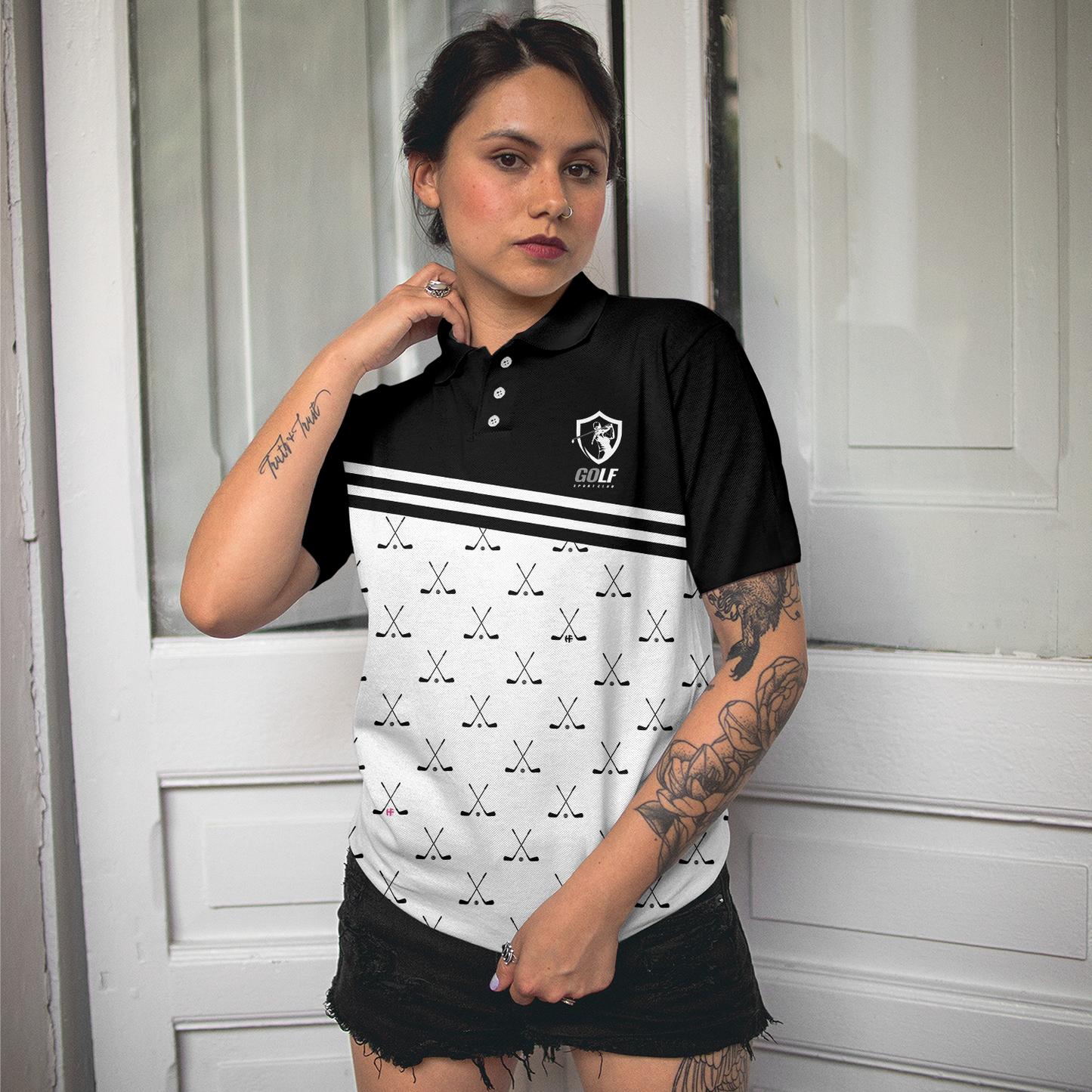 Crossed Black Golf Clubs Golf Short Sleeve Women Polo Shirt, Black And White Golf Shirt For Ladies, Best Gift for Women Golfers