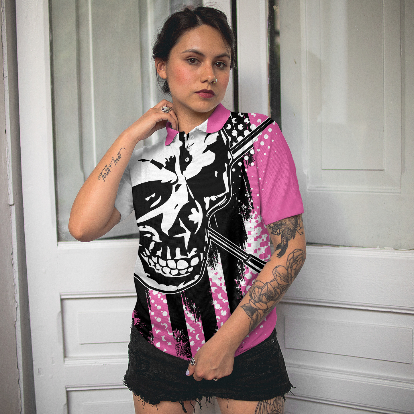 Women Polo Shirt - Blade Ladies Golf Pink Short Sleeve Women Polo Shirt, Skull Golf Shirt For Women, Unique Female Goff Gift
