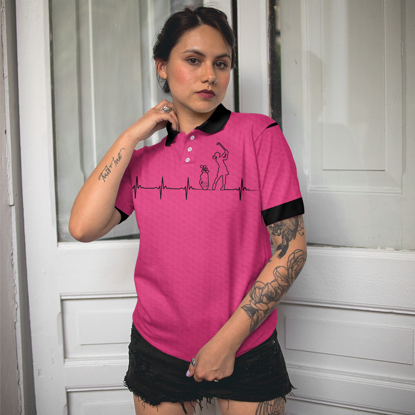 Heartbeat Golf Lady Pink Golf Short Sleeve Women Polo Shirt, Best Golf Gift For Women