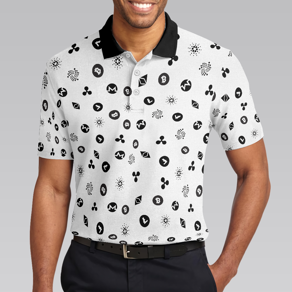 Cryptocurrency Pattern Polo Shirt, Black And White Bitcoin Polo Shirt, Best Cryptocurrency Shirt For Men, Best Gift for Men Golfers, Polo Gift For Men