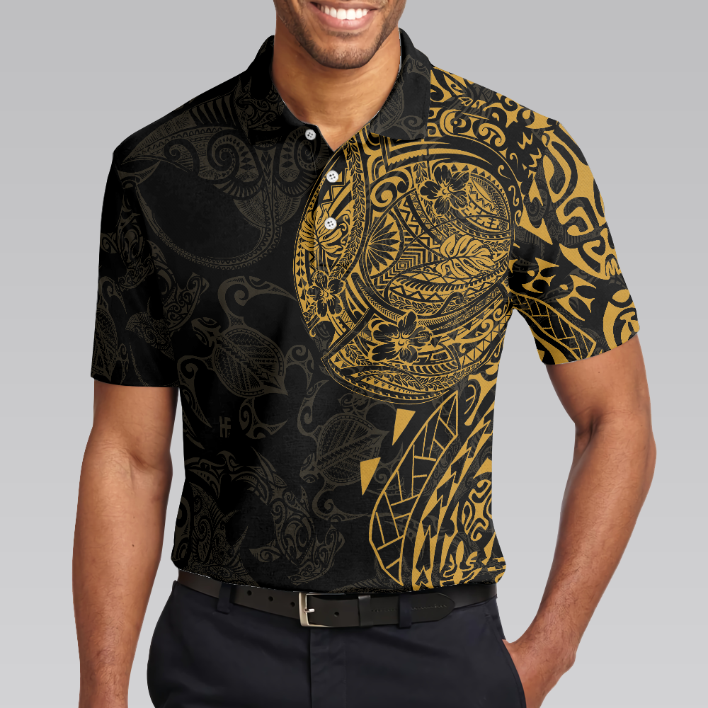Strong And Cool Polynesian Pattern Polo Shirt, Luxury Black And Gold Shirt For Men, Sea Turtle Polo Shirt - Perfect Gift For Men