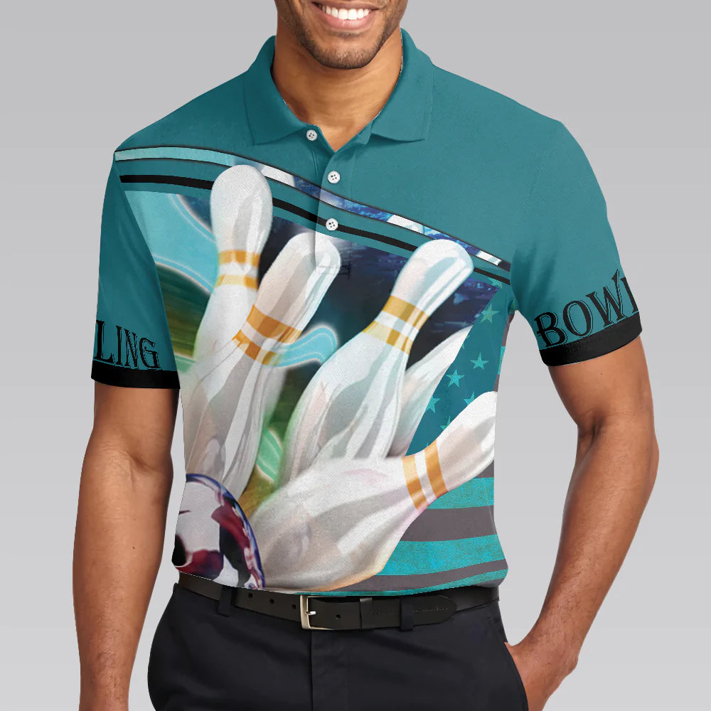 Men Polo Shirt - Love Bowling Polo Shirt - Gift For bowling player - Blue American Flag Bowling Shirt For Men