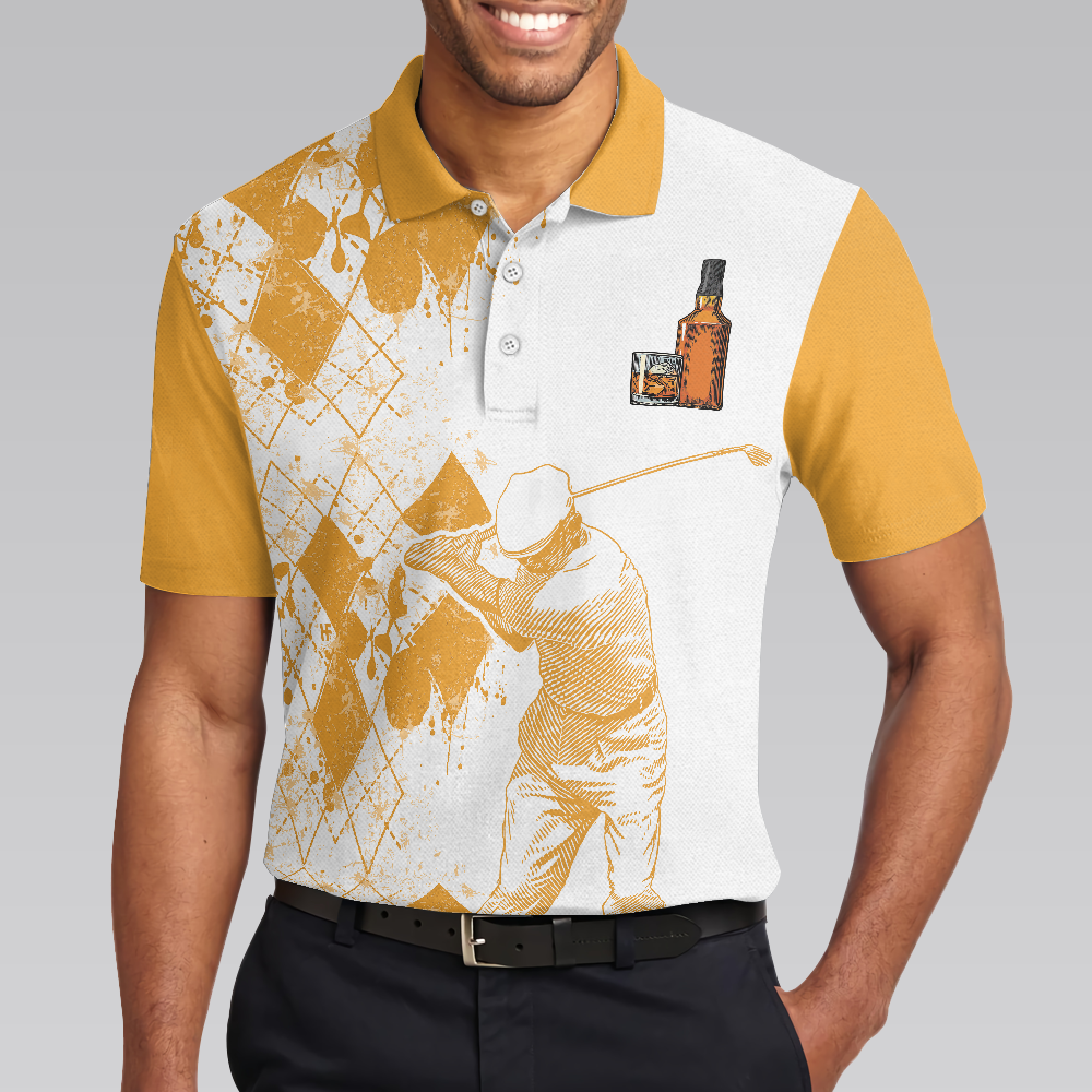Orange Argyle Pattern Golf Men Polo Shirt, Golf And Wine Shirt For Male Players, Funny Golf Shirt With Sayings