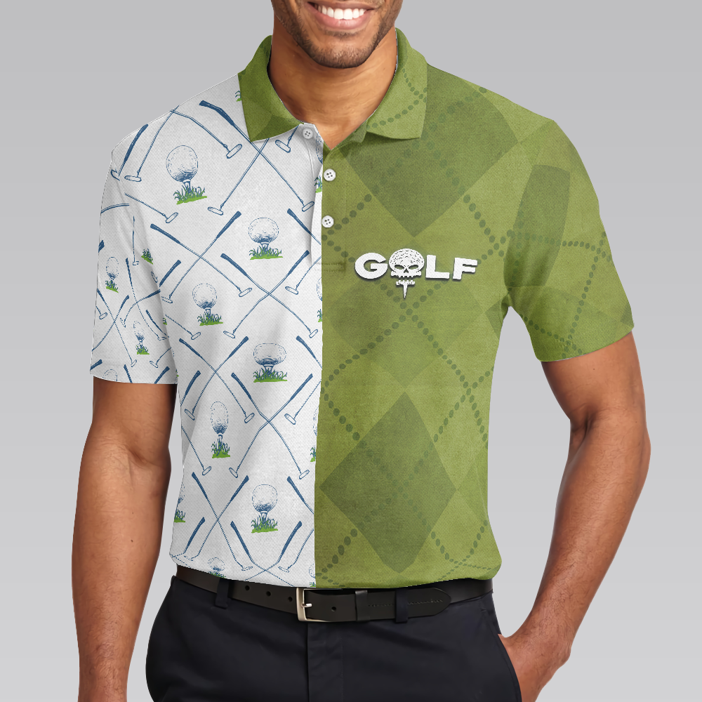 Golf Green And White Pattern Men Polo Shirt, Golf Clubs Golf Ball Argyle Pattern Skull Polo Shirt, Best Golf Shirt For Men