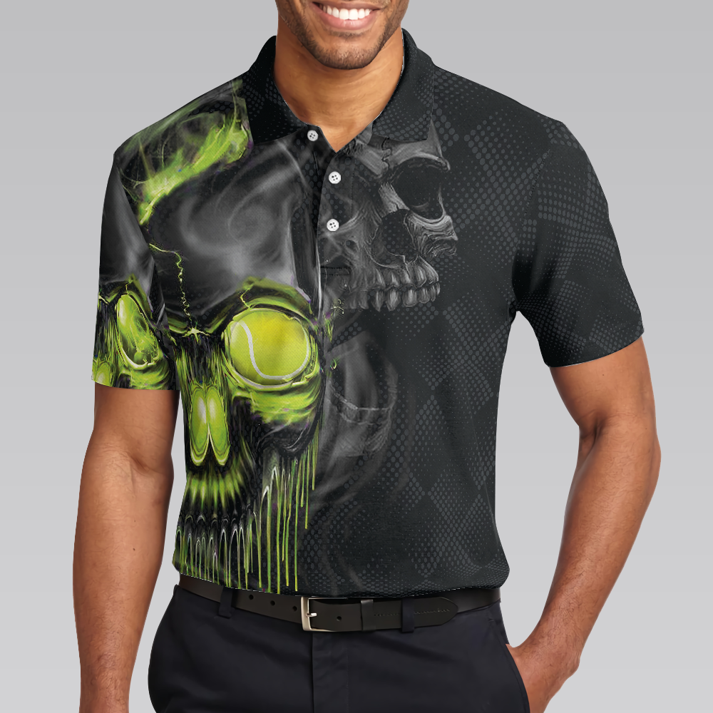 Skull Tennis Polo Shirt, Scary Skull Graphic Tennis Shirt For Tennis Lovers, Halloween Tennis Gift Idea - Perfect Gift For Men, Tennis Players