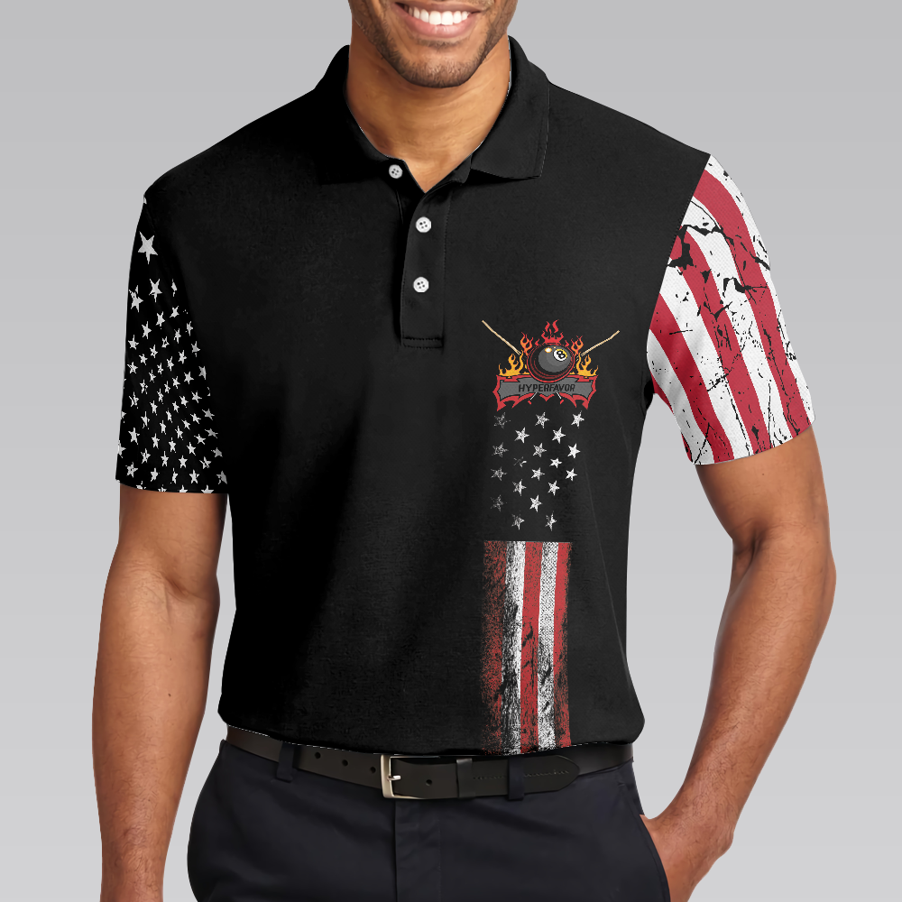 Men Polo Shirt - Billiards Eagle American Flag Black Polo Shirt - 8-ball Black Theme Polo Shirt, Best Billiards Shirt For Men