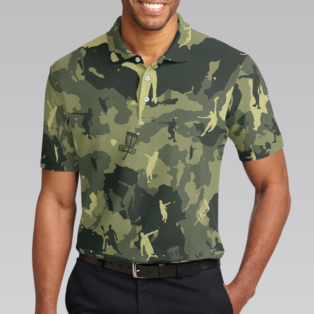 Camouflage Texture Disc Golf Shirt For Men Polo Shirt, Cool Camo Disc Golf Shirt Design For Male Players