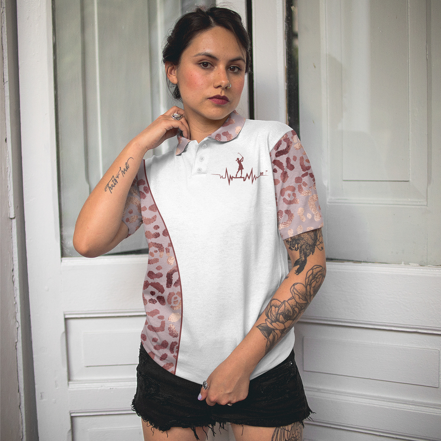 Coffee Love Golf Women Polo Shirt, Leopard Pattern Short Sleeve Women Polo Shirt, Best Gift For Golf and Coffee Lovers