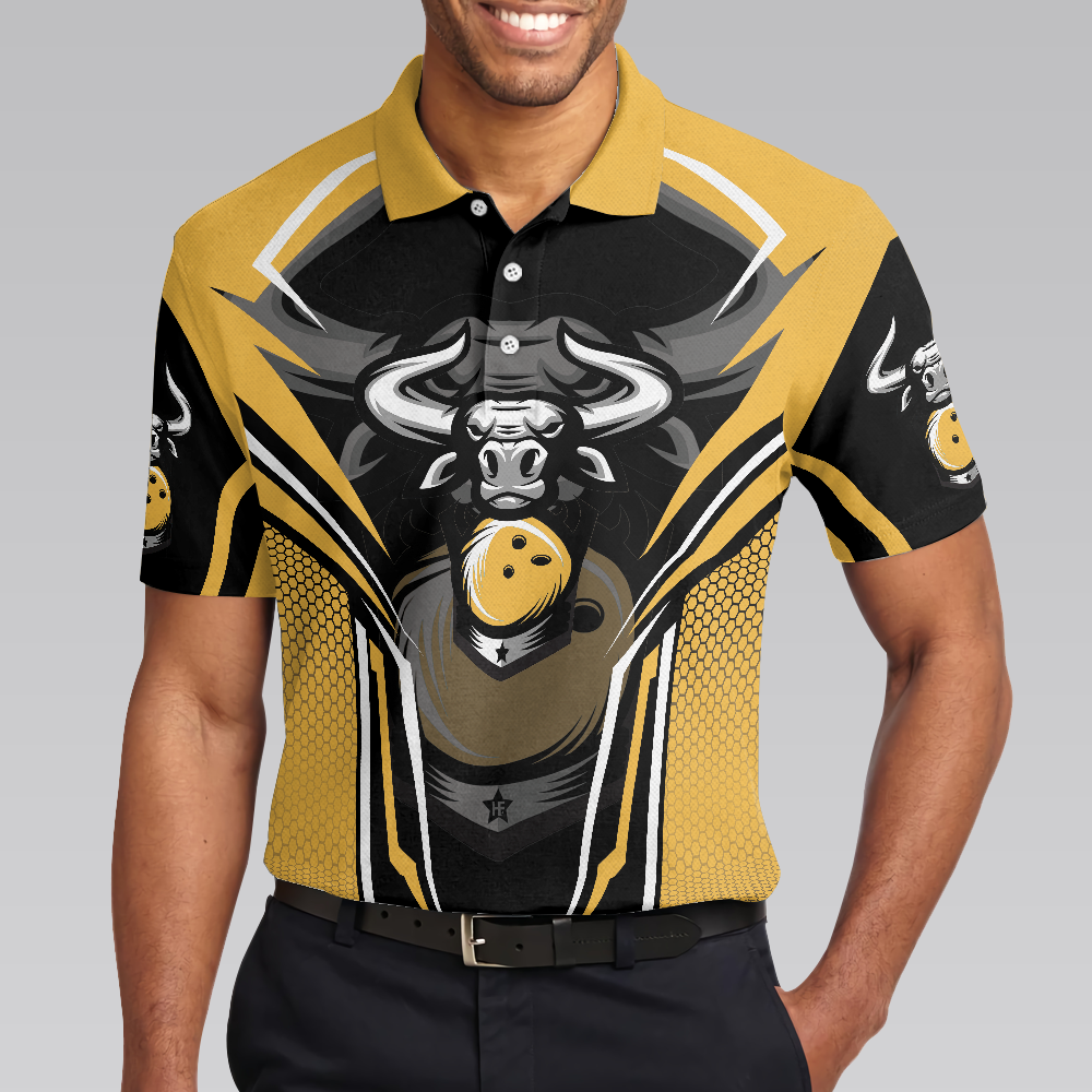Clean Sweep Yellow Bull Bowling Short Sleeve Polo Shirt, Digital Bowling Alley Polo Shirt, Best Bowling Shirt For Men