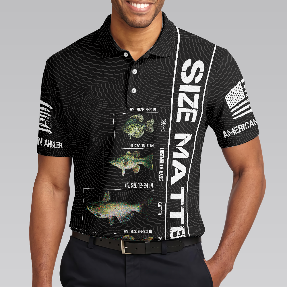 Funny Fishing Men Polo Shirt, Funny Size Matters, Stop Staring At My Bass American Flag Fishing Shirt For Men, Gift For Fishing Lovers
