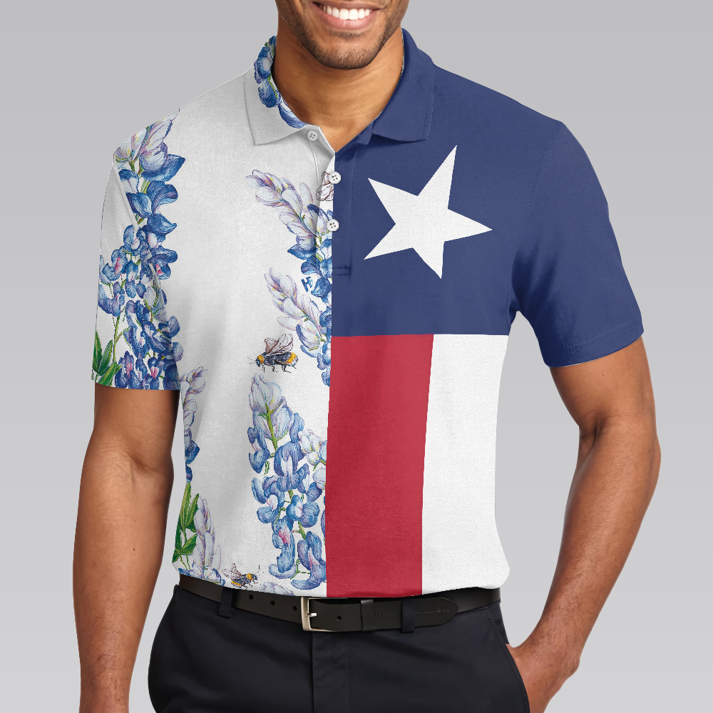 Texas Flag Bluebonnets Polo Shirt For Golf, Floral Texas Flag Polo Shirt, Texas Proud Shirt For Men - Perfect Gift For Men, Golfers