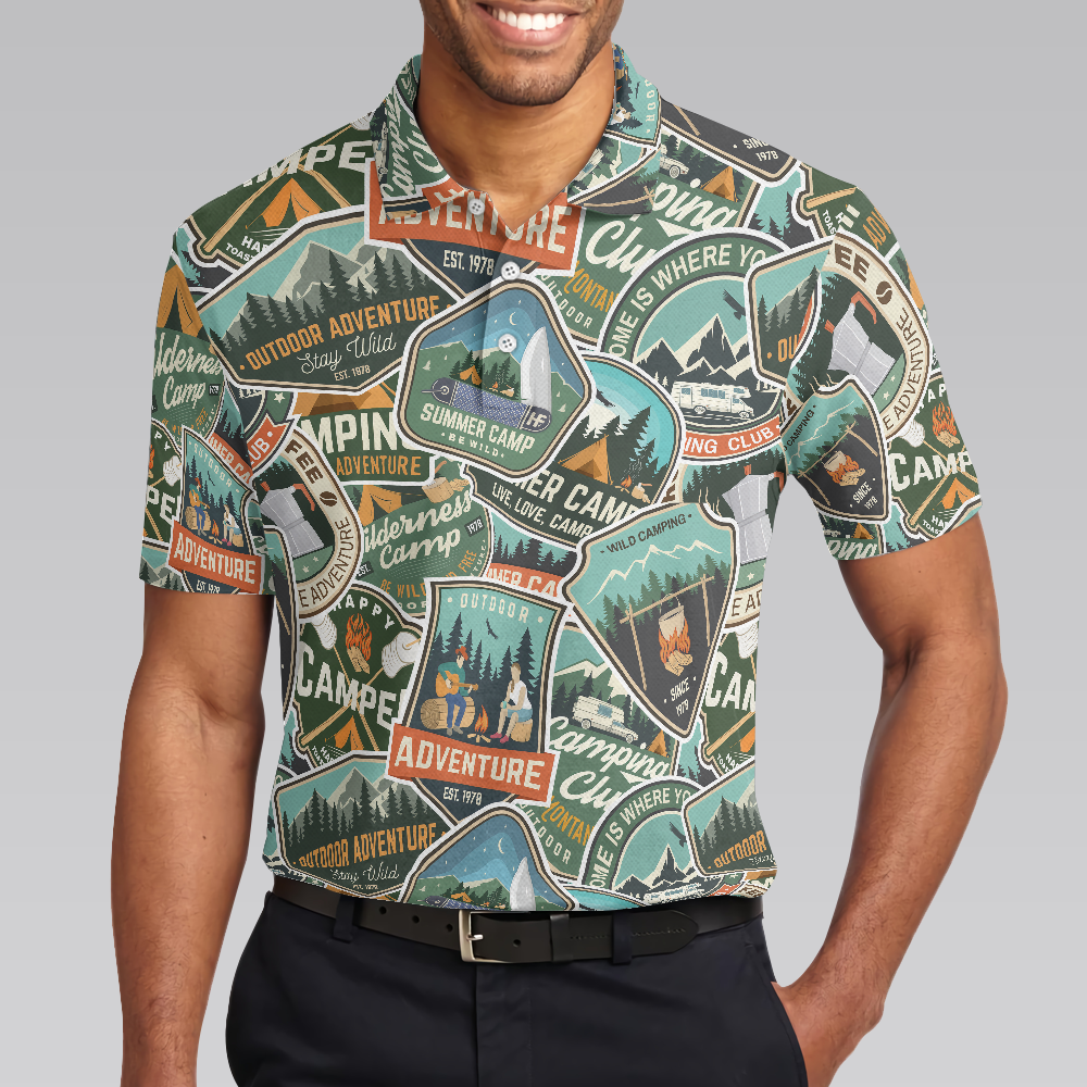 Summer Camp Adventure Sticker Pattern Polo Shirt, Camping Sticker And Badge Polo Shirt, Camping Shirt For Men - Perfect Gift For Men