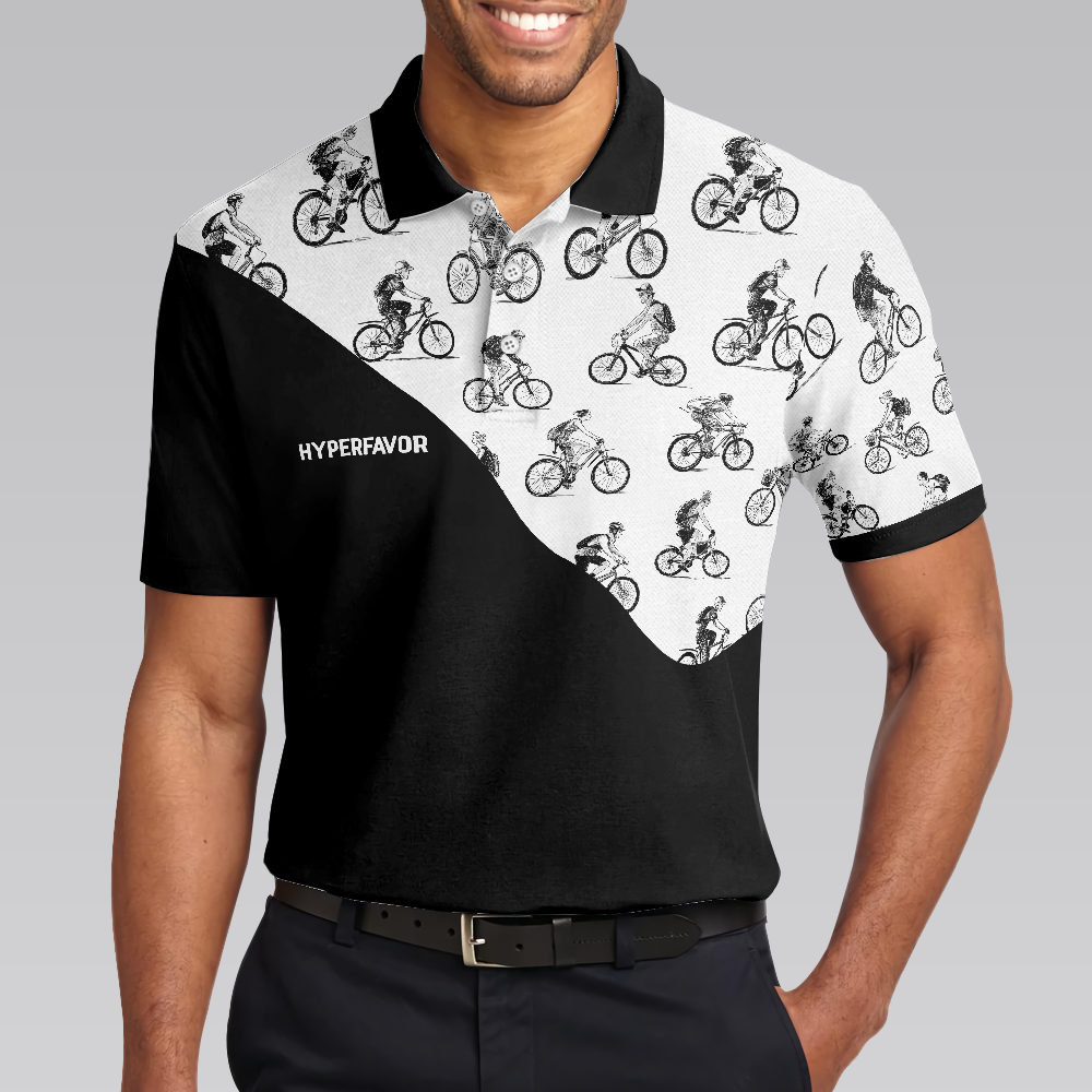 Cyclists Sketch Pattern Polo Shirt, Black And White Cycling Pattern Polo Shirt, Sporty Shirt For Cyclists