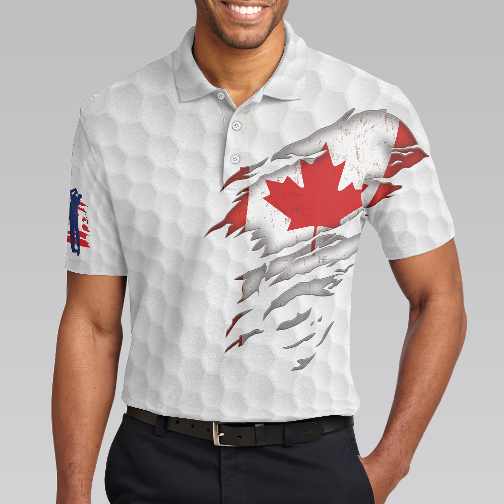 Golf Canada Flag Short Sleeve Polo Shirt, Red Maple Leaf Golfing Polo Shirt, Canadian Golf Shirt For Men