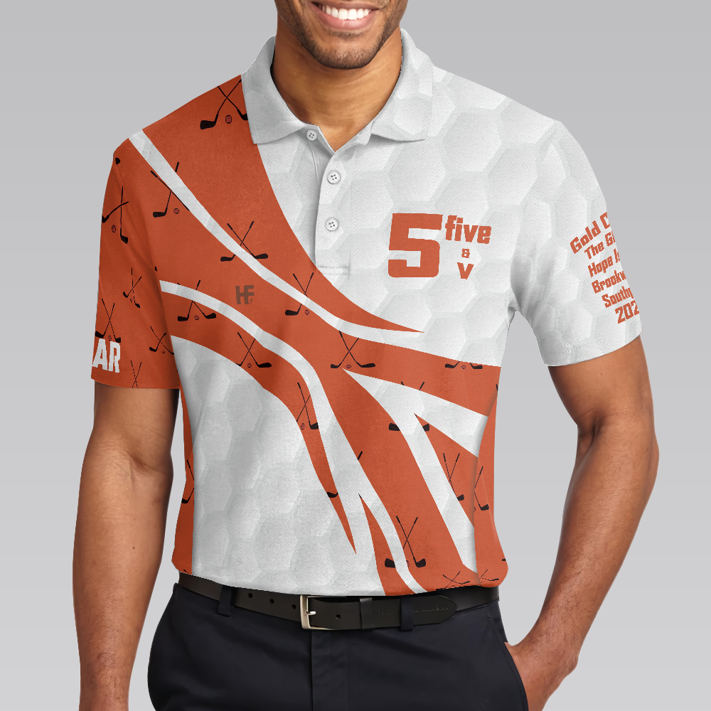 Golf Men Polo Shirt, 5 Five & V Orange Golf Polo Shirt, Best Gift For Golf Lovers