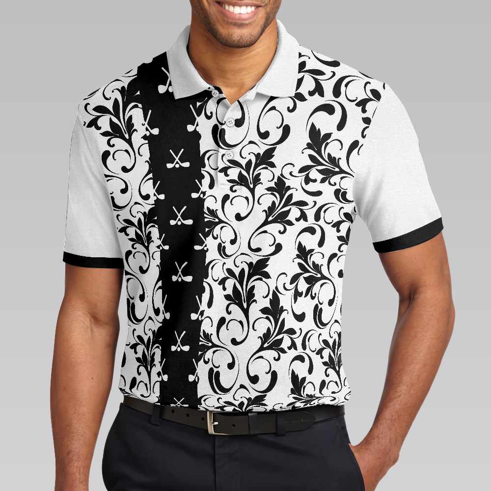 Floral Golf Pattern In White Men Polo Shirt, Black And White Polo Shirt, Floral Golf Shirt For Men