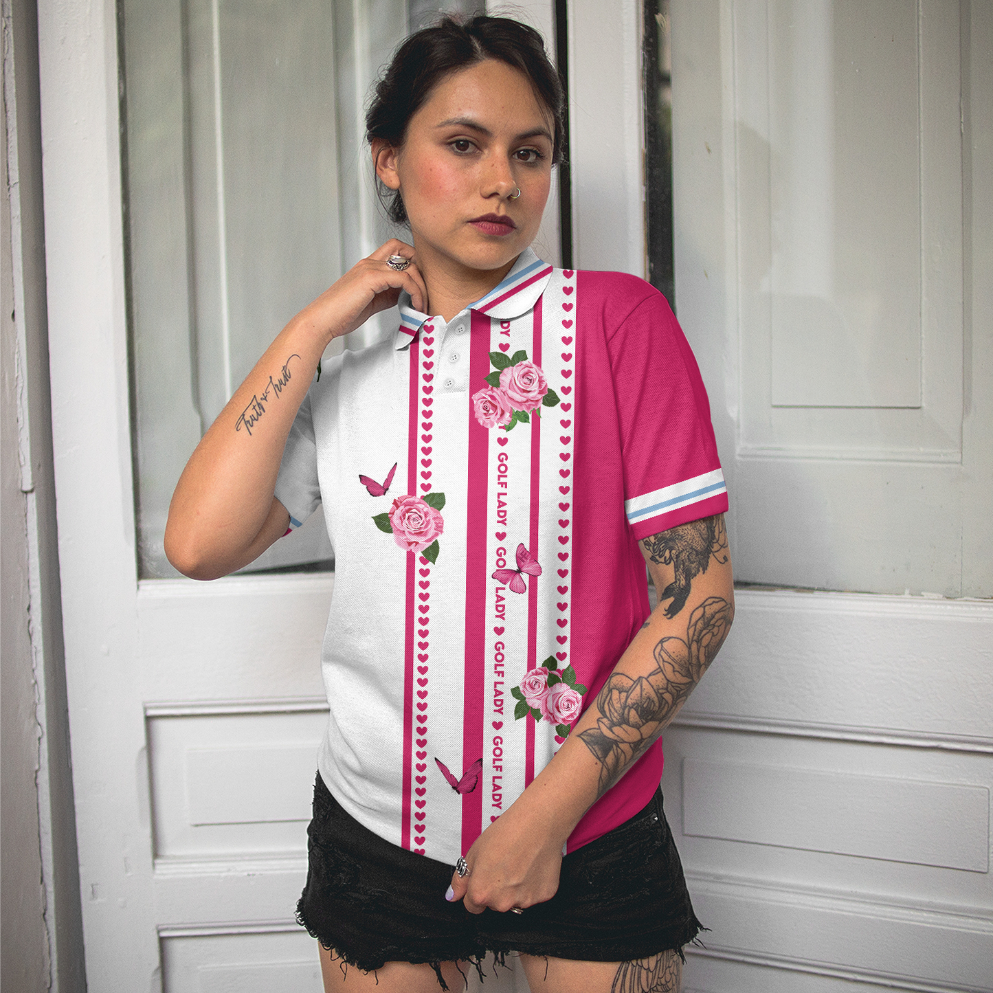 Golf Lady With Roses In Vintage Style Golf Short Sleeve Women Polo Shirt, Floral Shirt For Golf Ladies