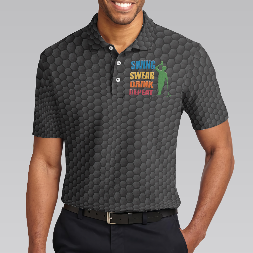Golf Swing Swear Drink Repeat Men Polo Shirt, Black Golf Ball Pattern Shirt For Male, Funny Golf Shirt With Sayings, Best Gift For Golfers, I Play Golf Because I Like It
