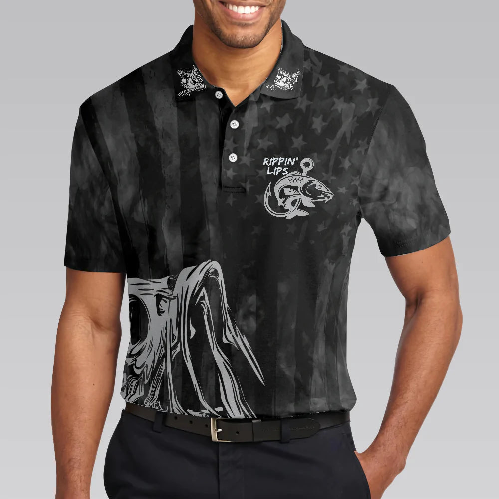 Black Fish Hook Men Polo Shirt, Rippin' Lips Skull Fish Skeleton Fishing Polo Shirt, Best Fishing Shirt For Male