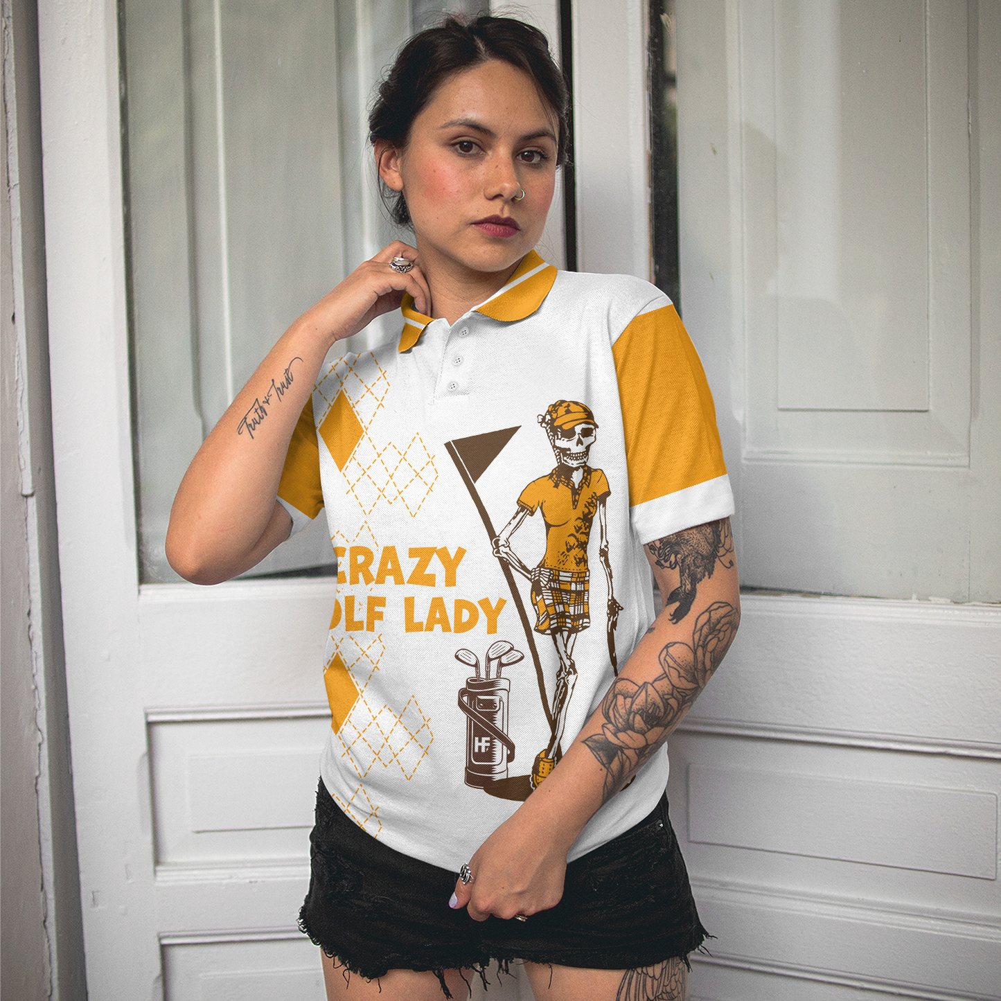 Crazy Golf Lady Short Sleeve Women Polo Shirt, White And Yellow Golf Shirt For Ladies, Funny Female Golf Gift, Best Gift Ideas For Golfers Women