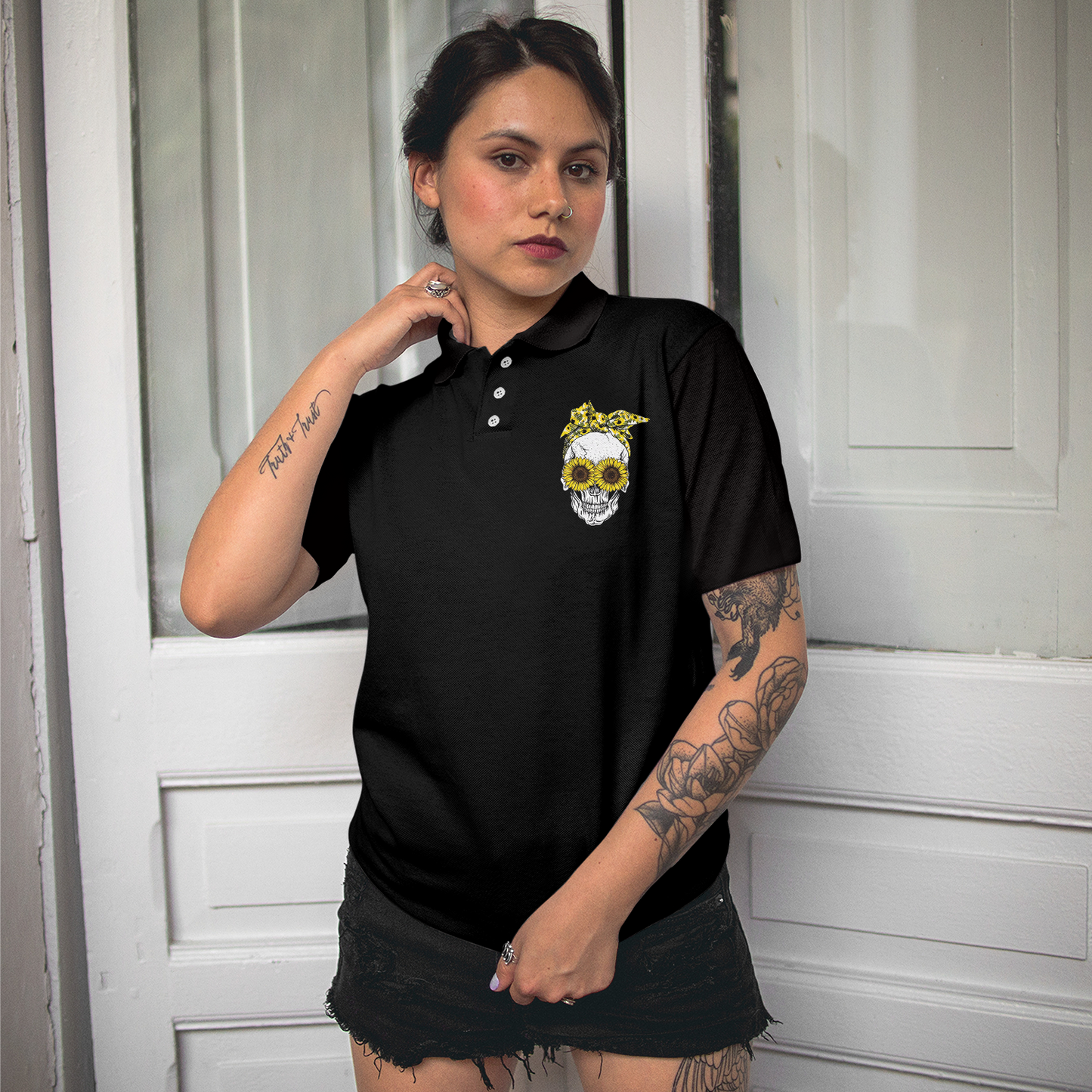 You Are My Sunshine Skull Sunflower Short Sleeve Women Polo Shirt, Black Skull Polo Shirt For Ladies - Perfect Gift For Women